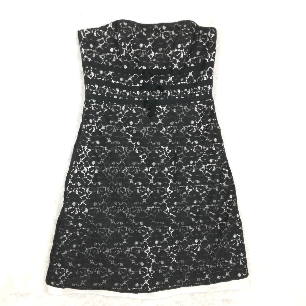 White House Black Market Womens Dress Strapless Mini Black Lace Floral Overlay 8